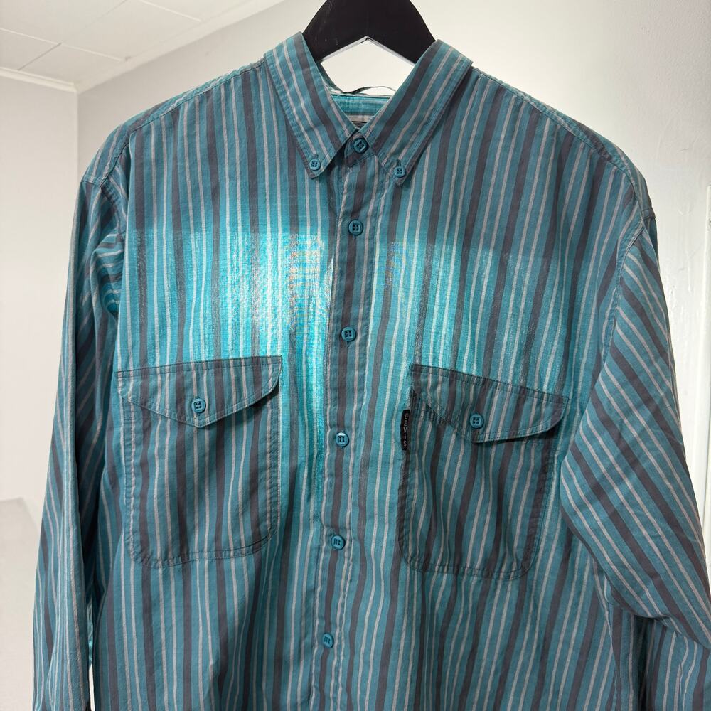 Vintage Levis Silver Label Striped Shirt Mens Large Big E Teal Stripe Button Up
